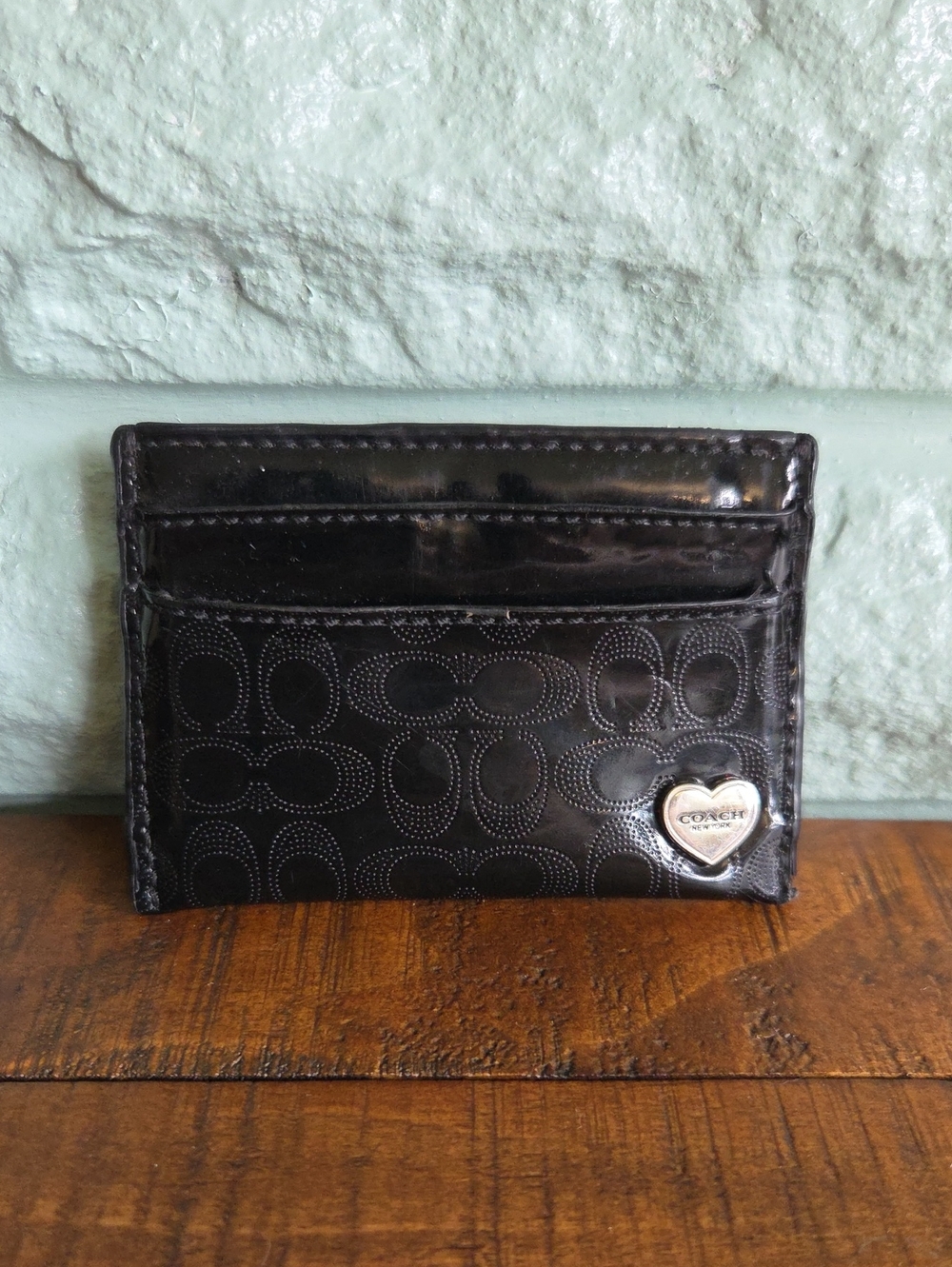 Coach Black Patent Leather Card Holder with Silver Heart Emblem